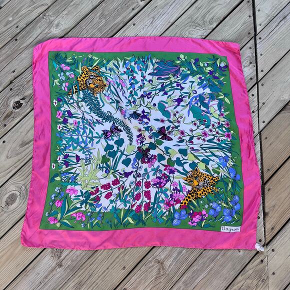 Bayron Women's Vintage Pink And Green Floral Tiger Print Square Scarf 100% Silk - Picture 1 of 10
